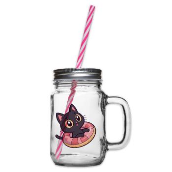 Schwarze Katze auf Donut-Boje - Henkelglas mit Schraubdeckel - Klar - Rechts