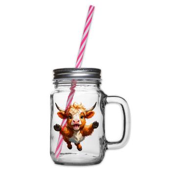 Highland cow in leap – Dynamic animal design - Glass jar with handle and screw cap - clear - Right