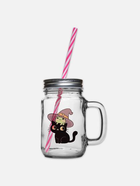 Schwarze Katze im Hexenhut mit Frosch - Henkelglas mit Schraubdeckel - Klar