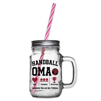 Fan Oma Handball – Stammplatz auf der Tribüne - Henkelglas mit Schraubdeckel - Klar - Rechts