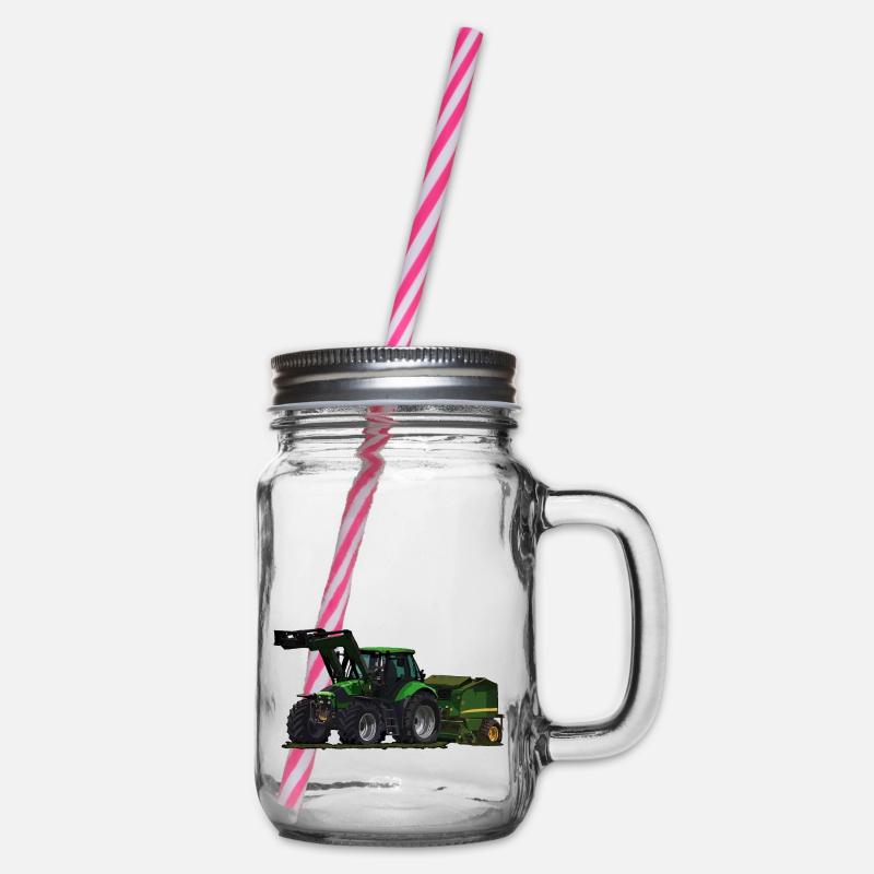 Light green tractor with front loader and baler - Glass jar with handle and screw cap - clear
