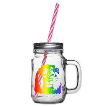 Lion Rainbow Animal Face colorful cat-like - Glass jar with handle and screw cap - clear - Right
