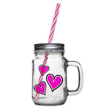 Bright Pink Heart Pattern - Glass jar with handle and screw cap - clear - Right