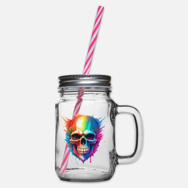 Regenbogen-Schädel Farbexplosion - Henkelglas mit Schraubdeckel - Klar