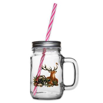 Dachs und Rotwild bei der Vogelbeobachtung - Henkelglas mit Schraubdeckel - Klar - Rechts