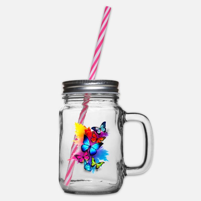 Schmetterling Splash Bunt - Henkelglas mit Schraubdeckel - Klar