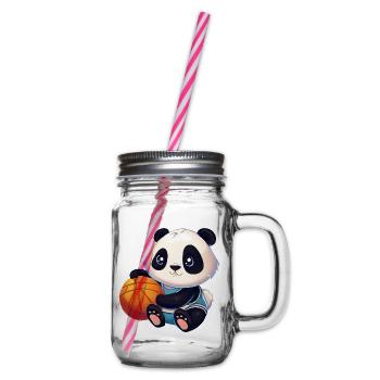 Cute panda sitting and holding a basketball - Glass jar with handle and screw cap - clear - Right