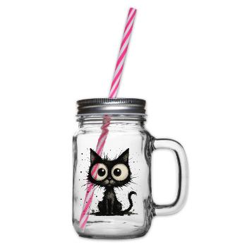 Funny black cat with big eyes – splash - Glass jar with handle and screw cap - clear - Right