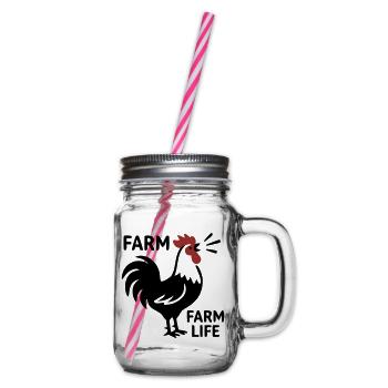 Rooster Farm Life Logo - Glass jar with handle and screw cap - clear - Right