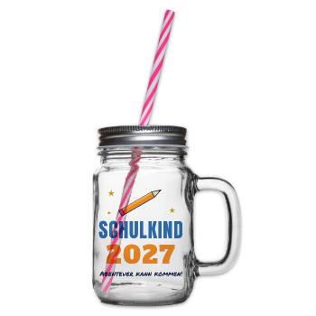 Schulkind 2027 – Einschulung Abenteuer kann kommen - Henkelglas mit Schraubdeckel - Klar - Rechts