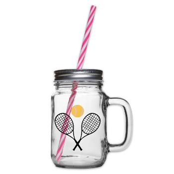 Tennis, tennis racket and tennis ball (cheap!) - Glass jar with handle and screw cap - clear - Right