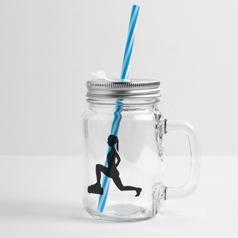 Mädchen oder Dame, die Schritte oder Aerobic macht Henkelglas mit Schraubdeckel