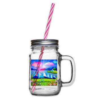 childhood with bicycle in spring sunny mountains - Glass jar with handle and screw cap - clear - Right