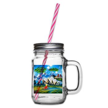 childhood with bicycle in mountains during holiday - Glass jar with handle and screw cap - clear - Right