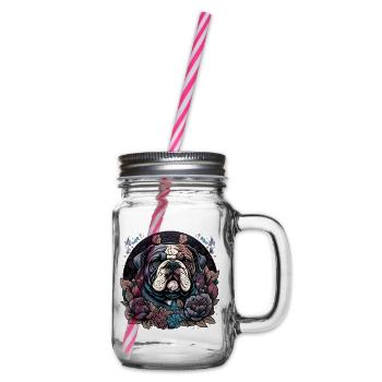 English bulldog with flowers - Glass jar with handle and screw cap - clear - Right