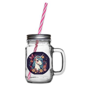 Elegant unicorn with butterfly flowers - Glass jar with handle and screw cap - clear - Right