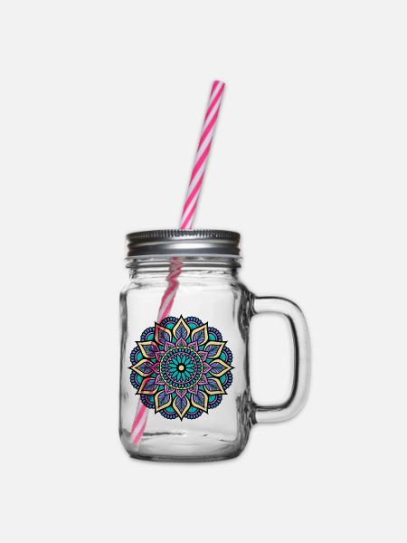 Mandala - Grün Blau Gelb Pink Indisches Mandala - Henkelglas mit Schraubdeckel - Klar
