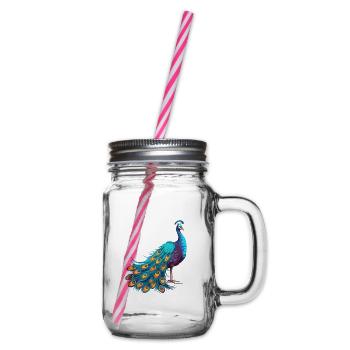 Peacock Colorful Watercolor Cartoon Kawaii Animal - Glass jar with handle and screw cap - clear - Right