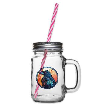Crow Stained Glass Colorful Cartoon Kawaii Animal - Glass jar with handle and screw cap - clear - Right