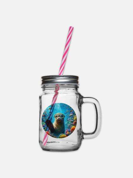 Robe unter Wasser mit einer Taucherbrille winkt - Henkelglas mit Schraubdeckel - Klar