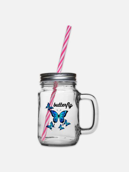 Blaue Schmetterlinge auf Mitternachtsschwarz - Henkelglas mit Schraubdeckel - Klar