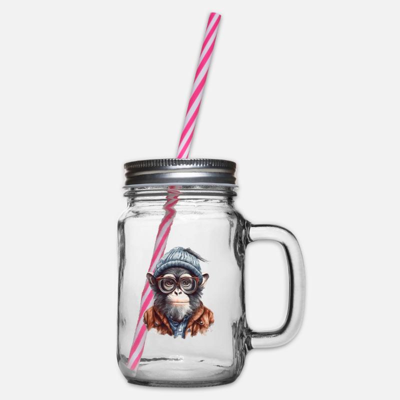 Cooler Affe mit Mütze und Brille - Henkelglas mit Schraubdeckel - Klar