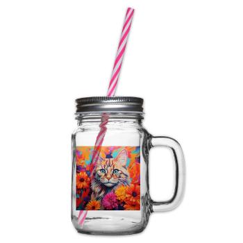 Katze, katzenmotiv, blumen, geschenk, geschenkidee - Henkelglas mit Schraubdeckel - Klar - Rechts