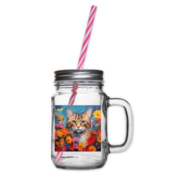 Katze, katzenmotiv, blumen, geschenk, geschenkidee - Henkelglas mit Schraubdeckel - Klar - Rechts