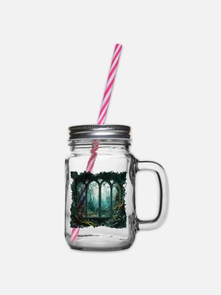 Fenster im Wald / Bäume / Ausblick / Wildnis - Henkelglas mit Schraubdeckel - Klar