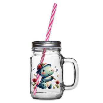 Cute Dino Playing Flute Design - Glass jar with handle and screw cap - clear - Right