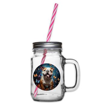 English Bulldog with Flowers and Butterflies - Glass jar with handle and screw cap - clear - Right