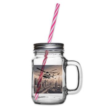 Helicopters Over Urban Cityscape - Glass jar with handle and screw cap - clear - Right