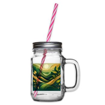 Abstract Green Landscape with Sun and Leaves - Glass jar with handle and screw cap - clear - Right