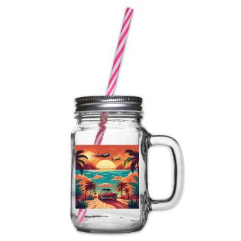Vintage Beach Sunset with Red Car and Planes - Glass jar with handle and screw cap - clear - Right