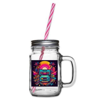 Retro Cassette Tapes Neon Sunset Art - Glass jar with handle and screw cap - clear - Right