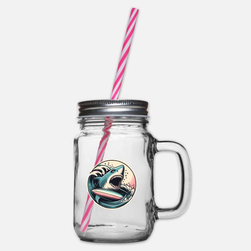 Fierce Shark Surf Graphic in Waves - Glass jar with handle and screw cap - clear