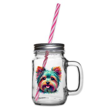 Colorful Yorkshire Terrier Portrait - Glass jar with handle and screw cap - clear - Right