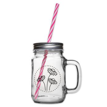 Daisy Line Art – Floral Motif Circle - Glass jar with handle and screw cap - clear - Right