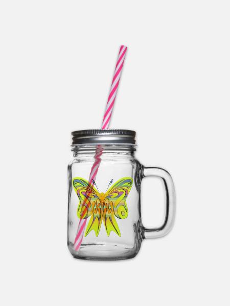 Bunter Neon Schmetterling auf Schleife - Henkelglas mit Schraubdeckel - Klar