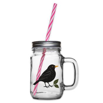 Amsel mit Blättern – Gartenvogel - Henkelglas mit Schraubdeckel - Klar - Rechts