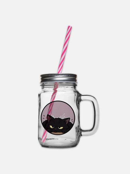 Grummelige schwarze Katze im lila Kreis - Henkelglas mit Schraubdeckel - Klar