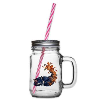 Schlafender Blaufuchs mit Herbstblättern - Henkelglas mit Schraubdeckel - Klar - Rechts