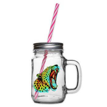 Brüllender Psychodelischer Neonleopard - Henkelglas mit Schraubdeckel - Klar - Rechts