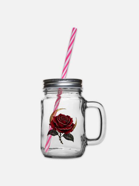 Dunkle Rose mit Mondsichel – Gothic Art - Henkelglas mit Schraubdeckel - Klar