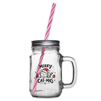 Merry Cat-Mas – Katze mit Weihnachtsmütze - Henkelglas mit Schraubdeckel - Klar - Rechts