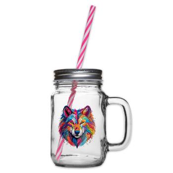 Bunter Wolf – farbiges Tiermotiv - Henkelglas mit Schraubdeckel - Klar - Rechts
