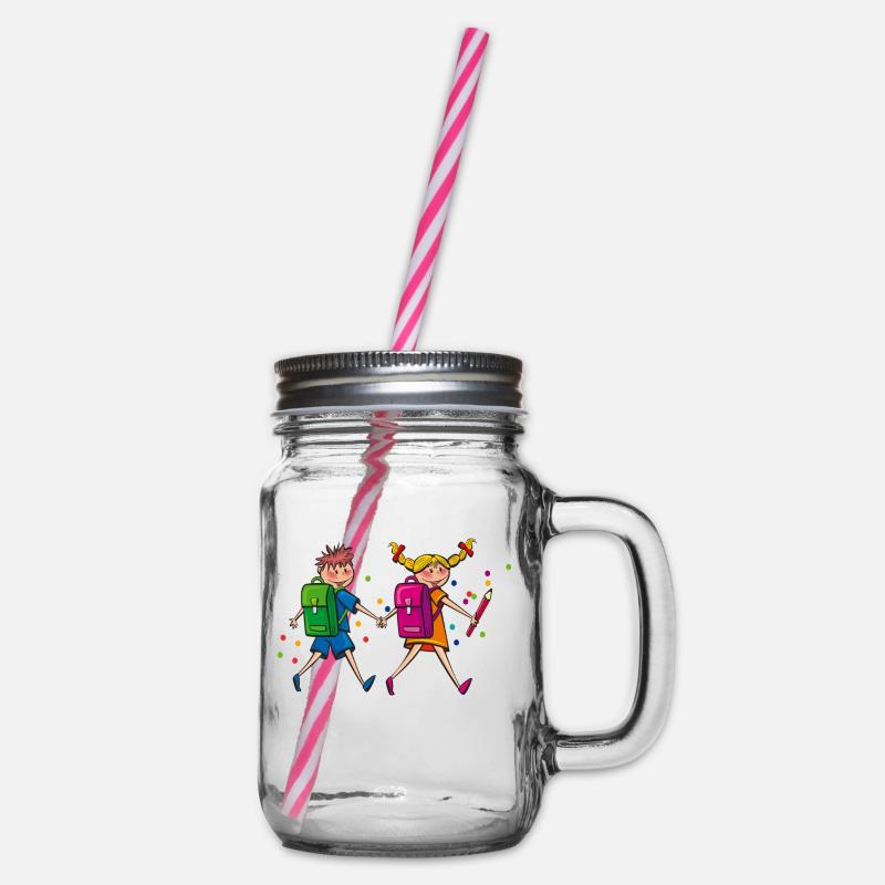 Schulkinder mit Schulranzen. Geschenkidee - Henkelglas mit Schraubdeckel - Klar