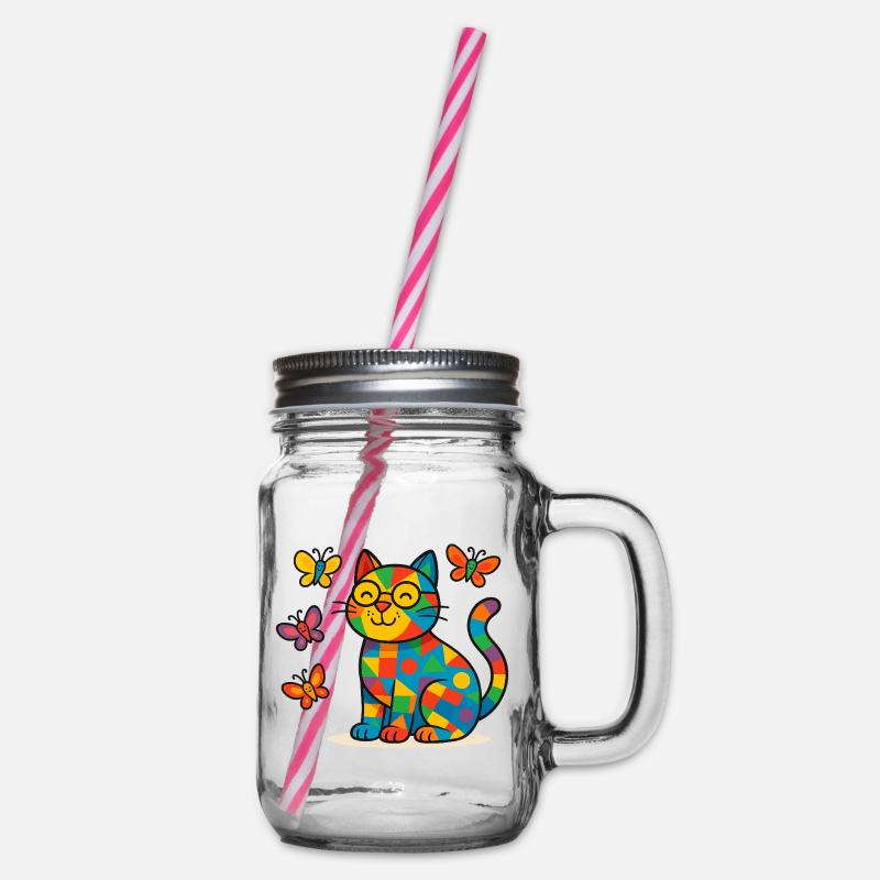 Patchwork-Katze mit bunten Schmetterlingen - Henkelglas mit Schraubdeckel - Klar