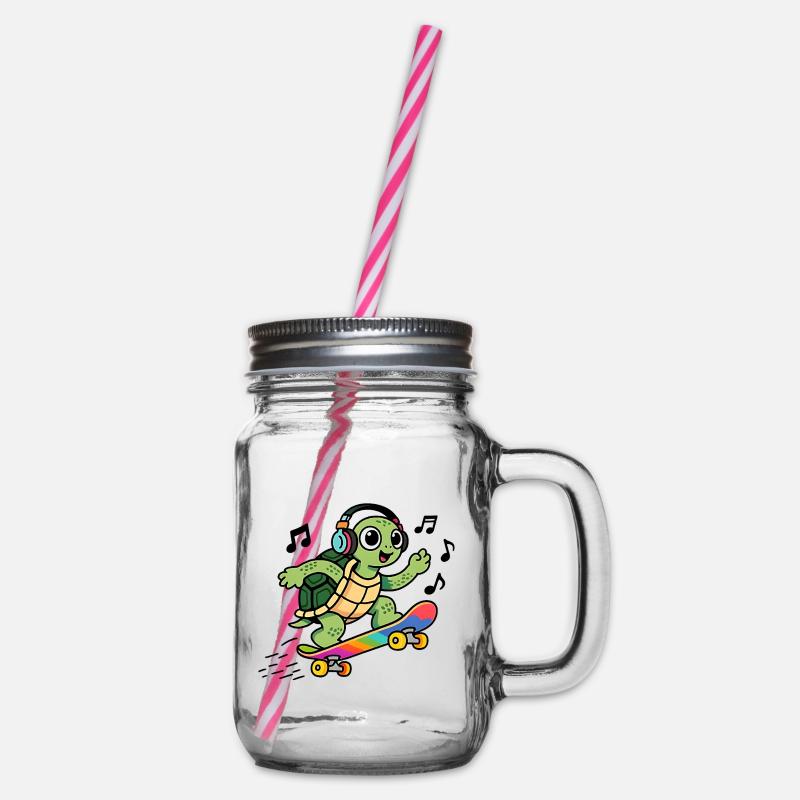 Turtle fun on Rainbow Skate - Glass jar with handle and screw cap - clear