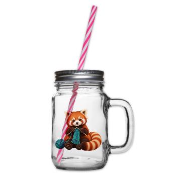 Roter Panda mit türkisfarbenem Schal stricken - Henkelglas mit Schraubdeckel - Klar - Rechts
